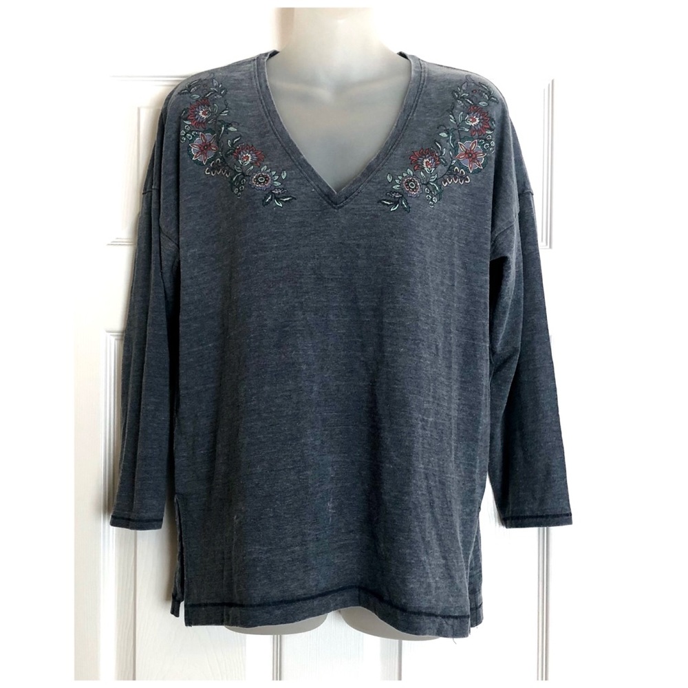 Lucky Brand Blue V-neck Tee with floral embellishments